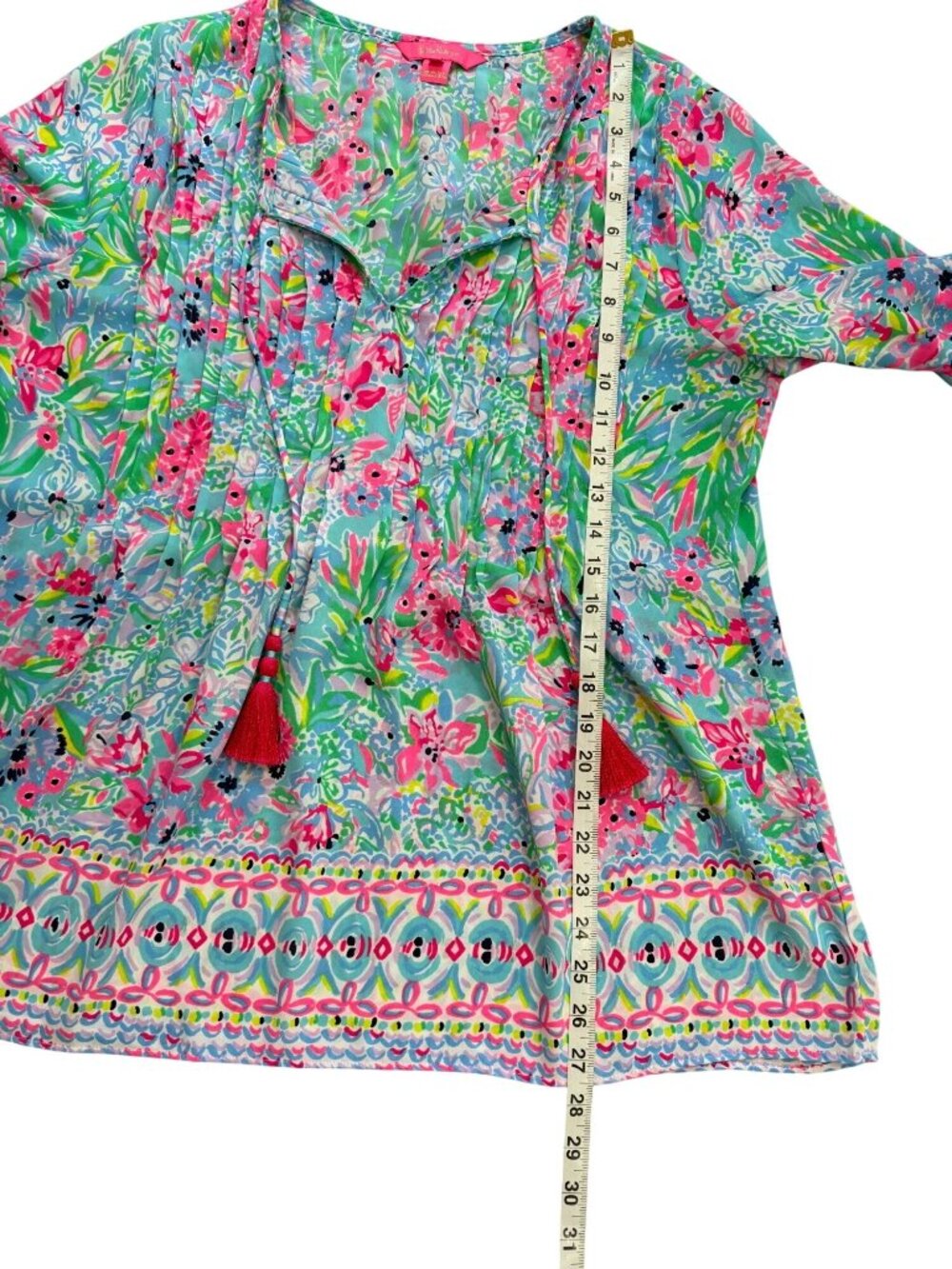 Lilly Pulitzer Womens Size M Marilina Tunic Top Floral Tassels Blue Green Pink - Picture 7 of 7